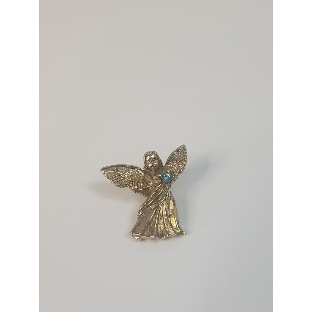 Vintage Camco Gold Tone Guardian Angel Pin December Birthstone Blue Zircon